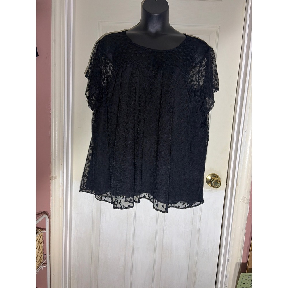 Torrid Black Star Flocked dark fairy Mesh Babydoll Blouse Short Sleeve 4X